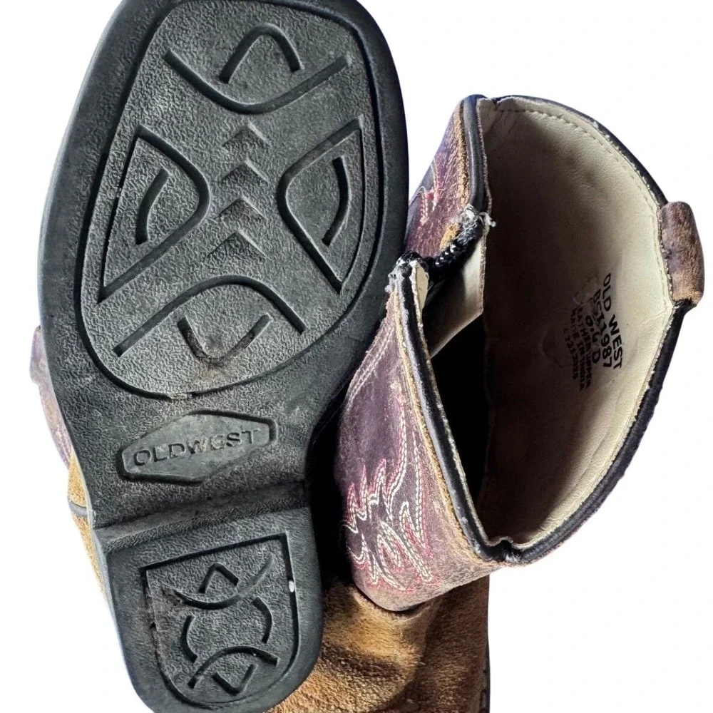 Old West Kids Cowboy Boots 8.5  Brown Leather Suede Square Toe Zip Western Rodeo